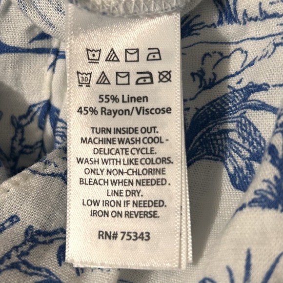 Nicole Miller Pants M White Blue Toile Linen Blend Pull On Resort Vacation - Picture 9 of 9